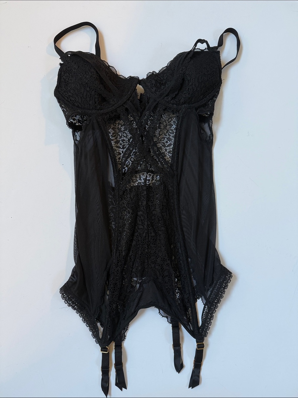 Victoria's Secret Black Lace Bustier Bodysuit with Garter Straps